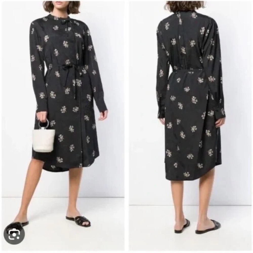Vince Black Tossed Bouquet Floral Print Tie Neck Dress